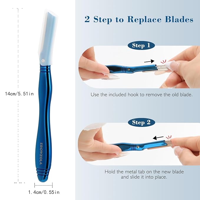 Dermaplane Razor for Women Face with 6 Refill Blades, Dermaplaning Tool Face Razors for Removes Facial Hair, Peach Fuzz, Reusable Metal Handle Eyebrow Razor (Blue)