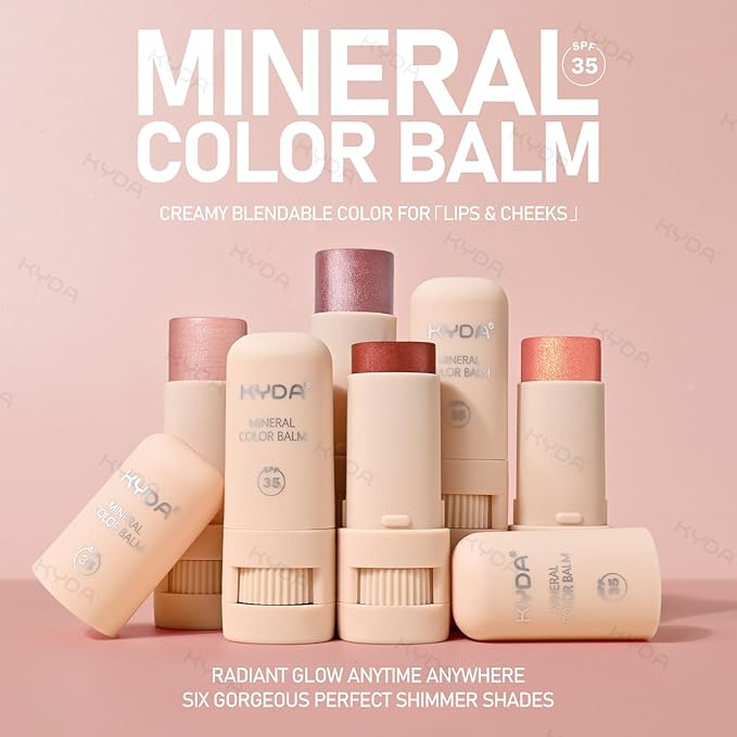 KYDA 3 Colors Mineral Color Balm, Buildable Shimmer Color for Lips and Cheeks, Broad spectrum SPF 35, Natural Shimmer Finish, Lightweight Blendable Creamy, Multiuse Blush Stick, Set A