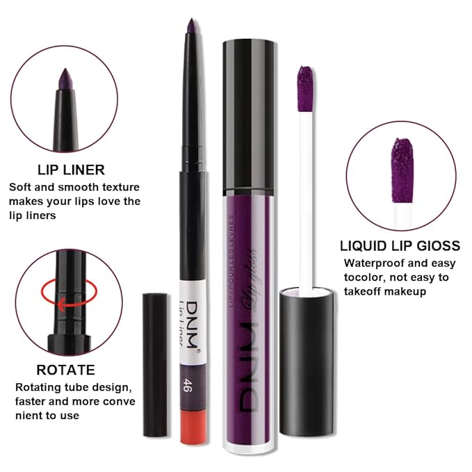 evpct 2Pcs Dark Deep Purple Matte Liquid Lipstick Lip Gloss Stain and Retractable Lip Liner Makeup Set for Women Long Lasting Waterproof 24 Hours Lipstick labial mate larga duracion 24 46#