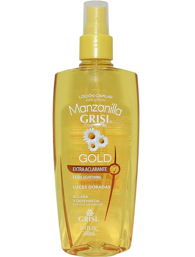 Manzanilla Grisi Premium Bathroom Bundle - Styling Gel, Gold Lightener and Detangler, and a Chamomile Conditioner + Shampoo Set
