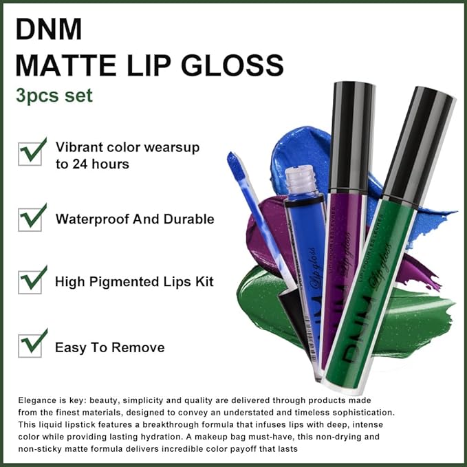 evpct 3Pcs Dark Blue Emerald Green Purple Matte Liquid Lipstick Lip Stain Sets for Women Matte+Lipstick Long Lasting 24 hr Hours Magic Lipstick 24 Hours original Waterproof 21#