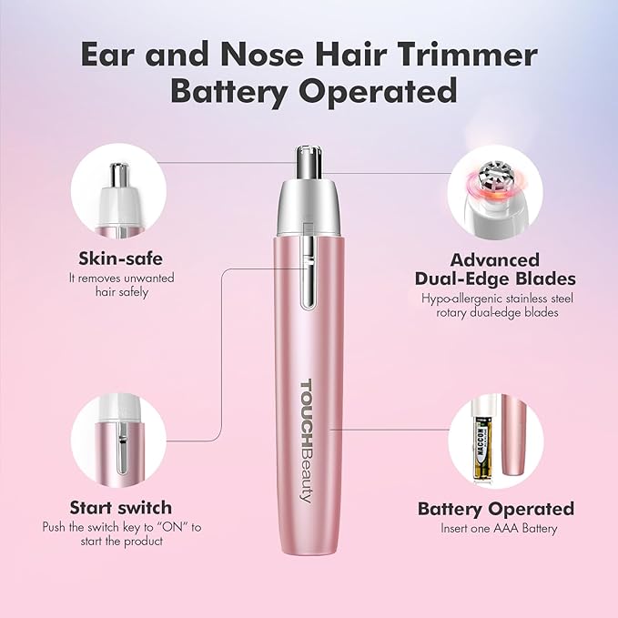 TOUCHBeauty Battery Powered Ear and Nose Hair Trimmer for Women, Portable Battery Powered Trimmer, Mini Painless Design for Sensitive Skin, Easy Clean & Travel Friendly