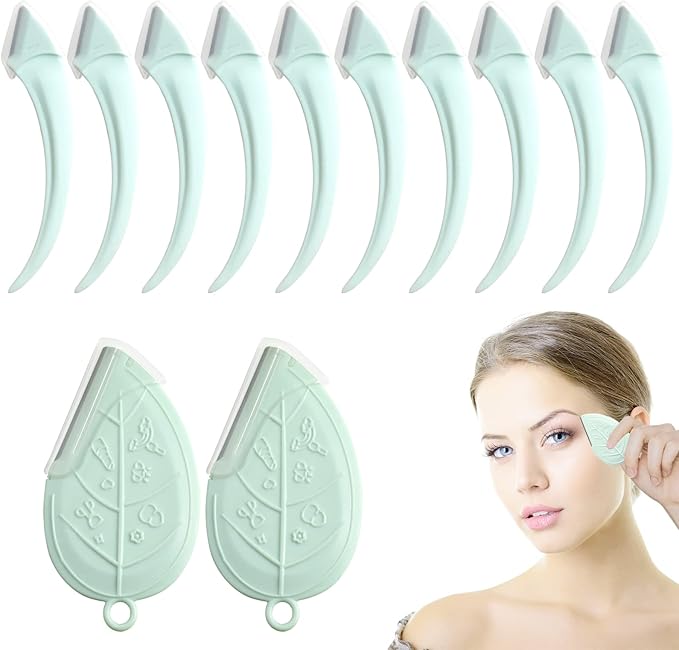 ONEUPIN 12PCS Eyebrow Trimmer Set Stainless Steel Leaves Curved Eyebrow Razor Trimmer Facial Shaver Razor Brow Shaper Suitable for Any Skin Type Hair Removal Accessories for Men Women(Green)