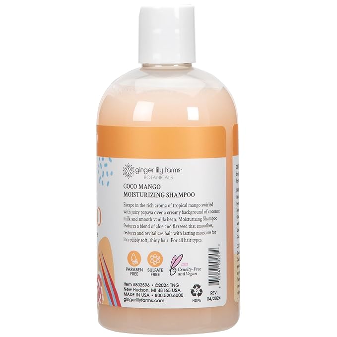 Ginger Lily Farms Botanicals Moisturizing Shampoo for All Hair Types, Coco Mango, 100% Vegan & Cruelty-Free, Coconut Mango Scent, 12 Fl Oz (Pack of 6)