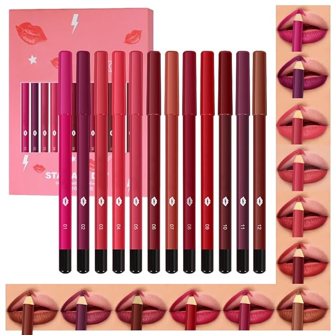 evpct 12Pcs Matte Waterproof Lip Liner Crayon Pencils Set Packs for Shaping & Sculpting Lips, Nude Pink Chestnut Maroon Dark Taupe Brown Plum Purple Deep Red Creamy Lipstick and Lip Liner Set