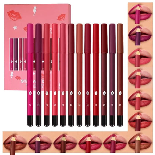 evpct 12Pcs Matte Waterproof Lip Liner Crayon Pencils Set Packs for Shaping & Sculpting Lips, Nude Pink Chestnut Maroon Dark Taupe Brown Plum Purple Deep Red Creamy Lipstick and Lip Liner Set
