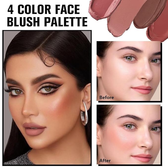 Matte Blush Cream Quads Makeup Palette, Blushes for Older Women Lip and Cheek Dual Blush Palette, Natural Lasting Pinkish Light Peach Light Brown and Orange Red, Paleta de rubor 4 colores