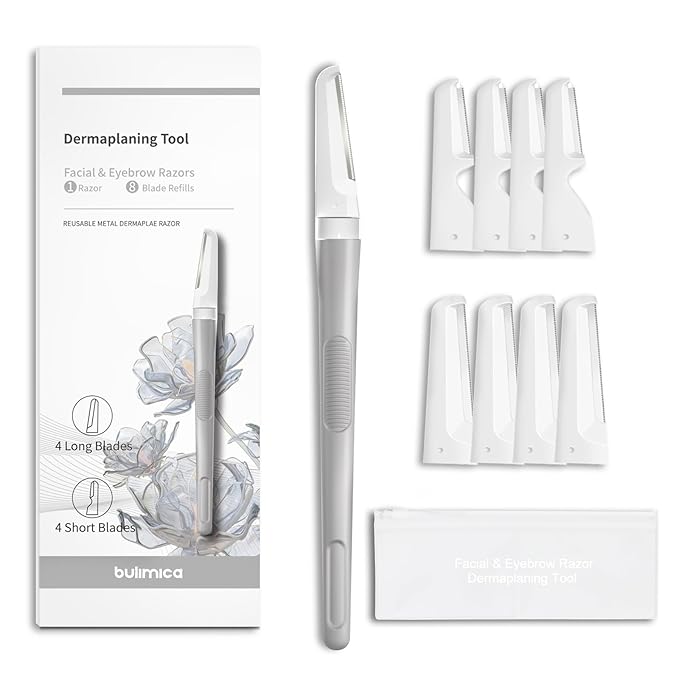 Face Razors for Women, Dermaplane Razor for Women Face, Eyebrow Razor, Facial Razors, Dermaplaning Tool, Reusable Metal Handle with 8 Microblades for Sensitive Skin, Peach Fuzz Remover, Gray
