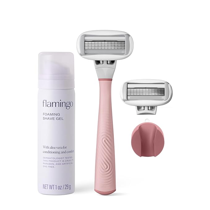 Flamingo Razors for Women Shave Set, 1 Women's Razor Handle (Rose), 2 Razor Five-Blade Refills, 1 oz. Foaming Shave Gel, and 1 Shower Holder