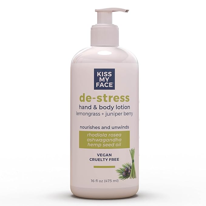 Kiss My Face De-Stress Hand & Body Lotion - Lemongrass + Juniper Berry - Soothing Rhodiola Rosea - With Hemp Seed Oil & Ashwagandha - Vegan & Cruelty-Free - 16 fl oz Bottle