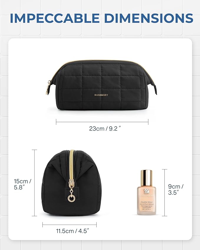 BAGSMART Makeup Bag Travel Toiletry Bag, Puffy Padded Make Up Bags for Women Makeup Organizer Case, Wide-open Pouch Purse Travel Essentials Toiletries Accessories Brushes, Black