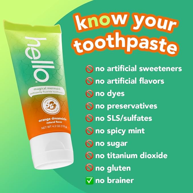 hello Magical Mermaid Kids Toothpaste with Fluoride, Orange Dreamsicle Flavor Toothpaste for Kids, Safe for Ages 2 and Up, Helps Prevent Cavities, Strengthen Enamel, Polish Teeth, 3 Pack, 4.2 Oz Each