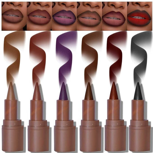 6PCS 2-in-1 Gradient Lip Liner and Lipstick Lip Combo Set - Achieve Flawless Contour and Gradual Ombre Effect with Easy-to-Use Crayon Form and Cone Tip, Dark Brown Black Lip Liner Set