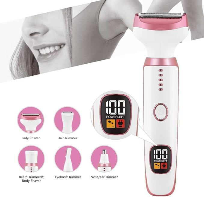 Bikini Trimmer for Women, 5 in 1 Electric Razors for Shaving, Waterproof Rechargeable Pubic Hair Trimmer with LED Display, Pink