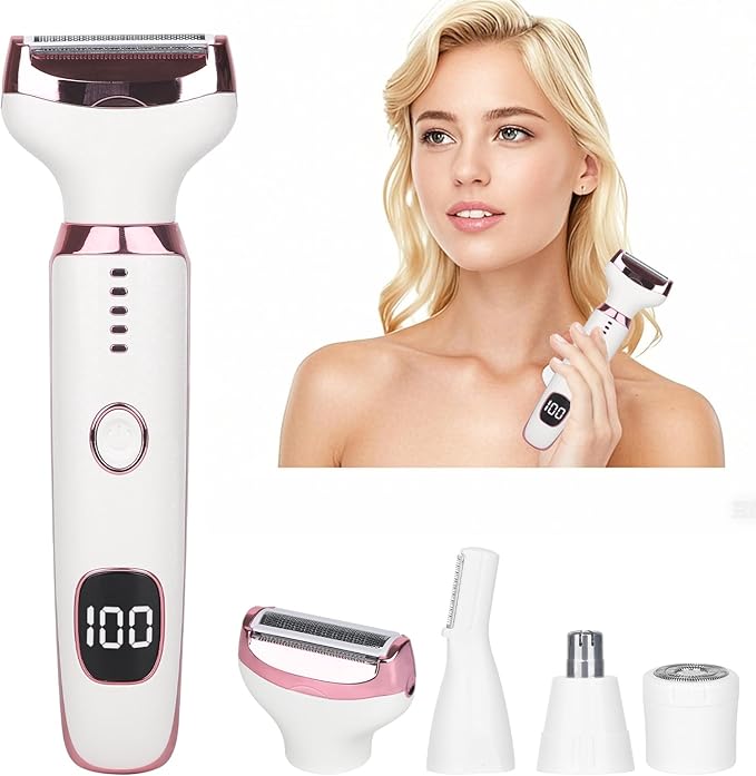 Electric Razors LED Display for Women Men, 2025 Wet/Dry Lady Shaver,4 in 1 Cordless Hair Remover with IPX7 Waterproof,Smooth & Silky Portable Bikini Electric Grooming Set (Pink)