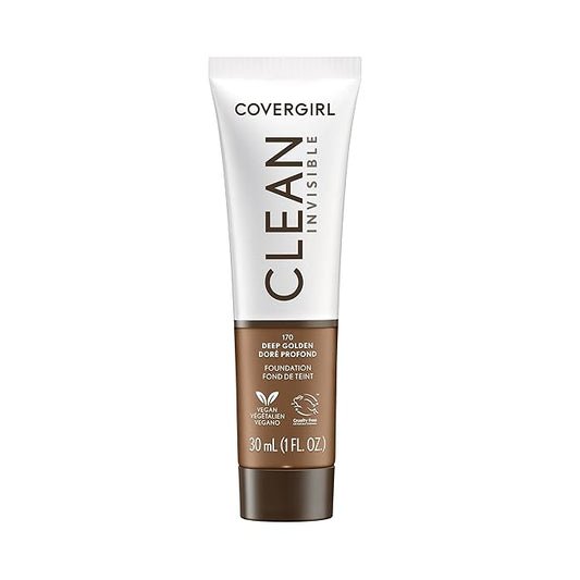 COVERGIRL Clean Invisible Foundation Makeup, Dewy & Glowy Natural Finish, Buildable Coverage, Skin-Like Smooth Look, Vegan, Deep Golden, 1oz