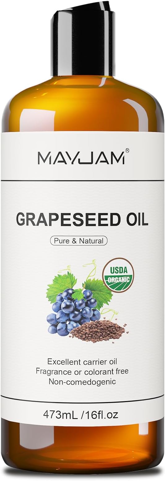 Organic Grapeseed Oil 16Oz: 100% Pure&Natural ColdPressed Carrier Oil USDA Certified Grape Seed Extract HexaneFree Unscent Liquid Moisturizer,Massage Body Face Oil for Women&Men Face Skin&Hair
