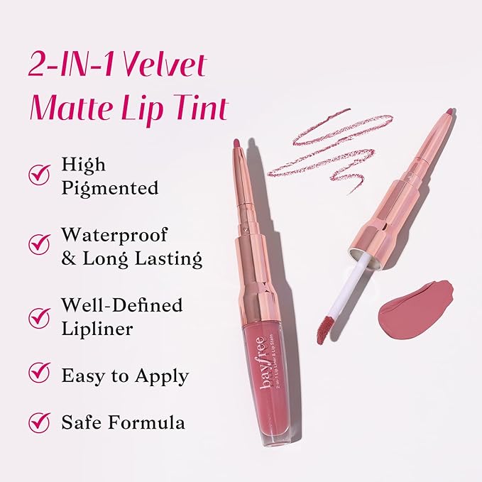 2-IN-1 Lip Liner and Lip Stain, High Pigmented Long Lasting Velvet Lip Tint, Well-Defined Lipliner, Weightless Waterproof Not Animal Tested, Matte Finish Makeup