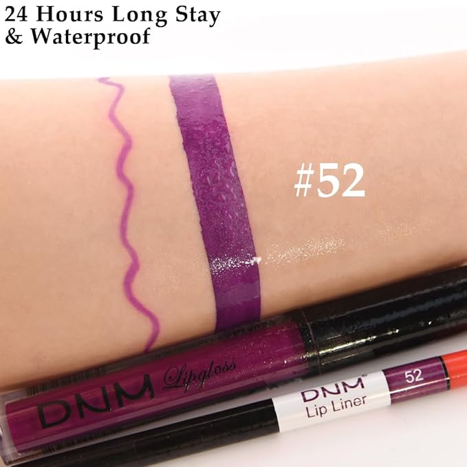 evpct 2Pcs Purple Matte Liquid Lipstick Lip Gloss Stain and Retractable Lip Liner Makeup Set for Women Long Lasting Waterproof 24 Hours Permanent Lipstick labial mate larga duracion 24 52#