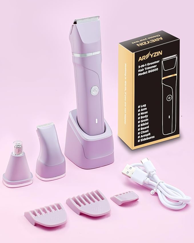 Bikini Trimmer for Women Painless Electric Razor for Women,3 in 1 Pubic Hair Trimmer,USB Recharge Dock,Replaceable Ceramic Blade Heads,IPX7,Personal Shaver Kits,Purple
