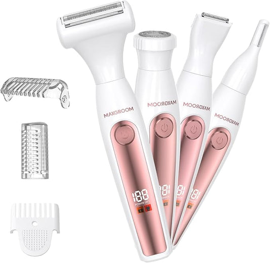 Bikini Trimmer for Women, All-in-ONE Waterproof Lady's Electric Razor Shaver and Facial Hair Removal, Rechargeable Body Hair Trimmer Grooming Sets for Leg, Armpit, Face, Eyebrow (White)