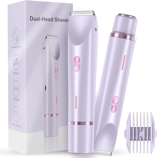 Women Bikini Trimmer, Dual-Head Hair Trimmer for Women,2-in-1 Bikini Shaver with Ceramic Blade Heads & Type-C Charging Port, Electric Razors for Women Pubic Hair,Underarms,Legs,Arms,Face(Light Purple)