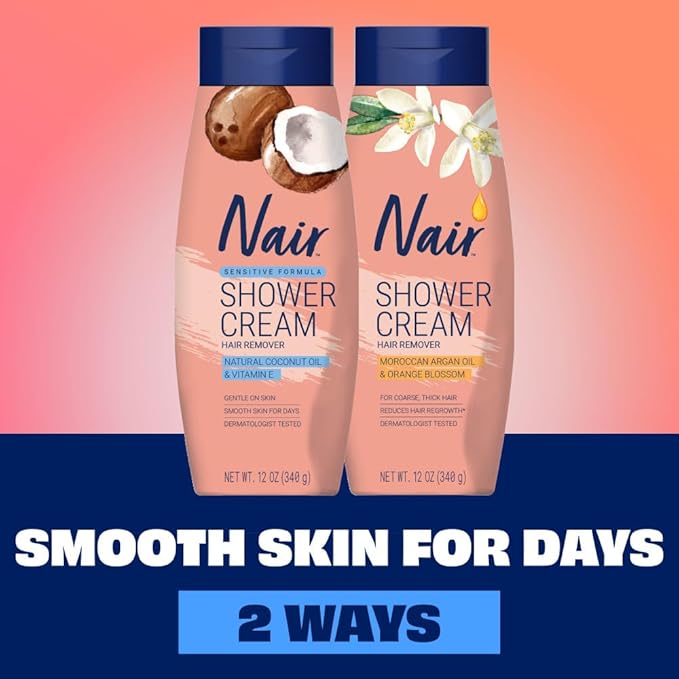Nair Sensitive Shower Cream Hair Remover with Natural Coconut Oil and Vitamin E, Body Hair Removal Cream, 12 oz