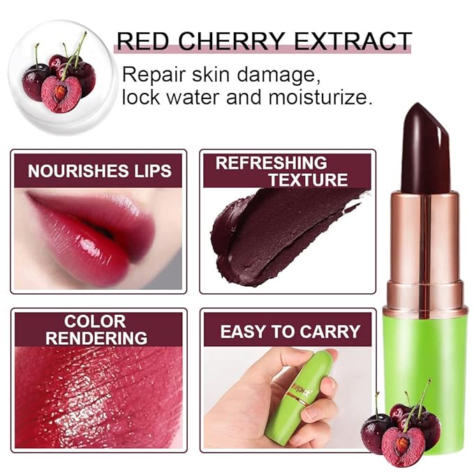 evpct 2Pcs Black Red Cherry Magic Mood Color Changing Lipstick Long Lasting 24 Hours Original for Women, PH Color Change Changing Jelly Lipstick Tinted Lip Balm Stain Gloss Makeup Set, labial magico