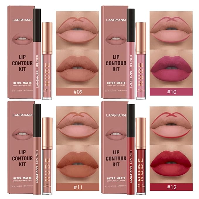 LANGMANNI 4pcs Matte Lipstick with Lipliners Durable Makeup Set,Long-Lasting Non-Stick Cup Not Fade Waterproof Pigmented Velvet Lipgloss Kit Beauty Cosmetics Makeup Gift for Girls(#9+10+11+12)
