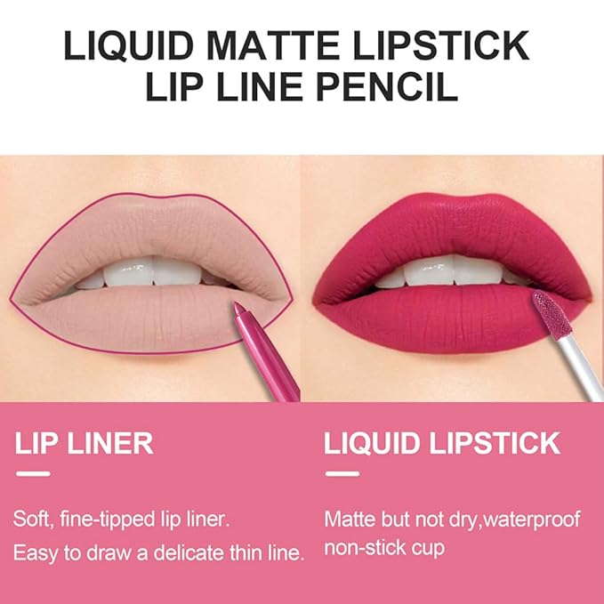 evpct 2Pcs Rose Red Matte Lip Liner and Lipstick Lip Gloss Pencils Makeup Set Kit for Women Long Lasting Waterproof