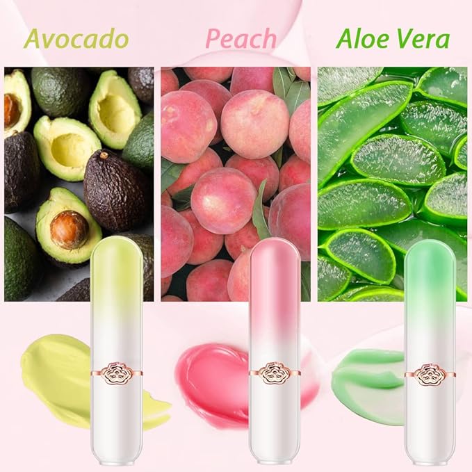 evpct 3Pcs Aloe Vera Avocado Peach Tinted Lip Balms Tint Stain Lipstick for Women PH Color Changing Lipstick Balm Stain Gift Set Queen Girls Korean Mood Long Lasting Color Change Light Pink Lipstick