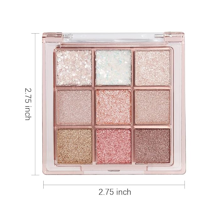 9 Colors Glitter Eyeshadow Palette Naturing-Looking Women Girls Eye Shadow,Pink White Gold Glitter Shimmer Sparkly Eye Shadow Palette Makeup,Warm Pastel Eyeshadows Palette Long Lasting Waterproof