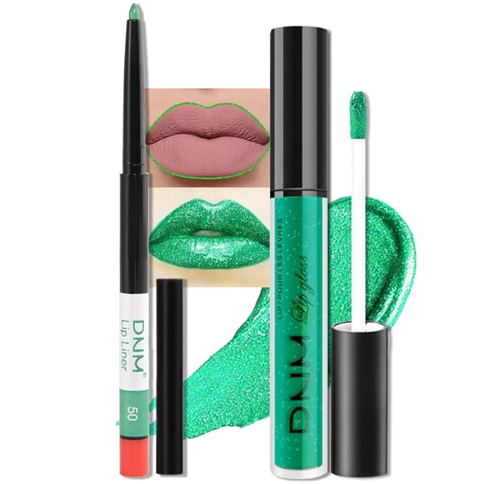 evpct 2Pcs Green Shimmer Glitter Shiny Liquid Lipstick Lip Gloss Stain and Retractable Lip Liner Makeup Set for Women Long Lasting Waterproof 24 Hours Lipstick labial mate larga duracion 24 50#