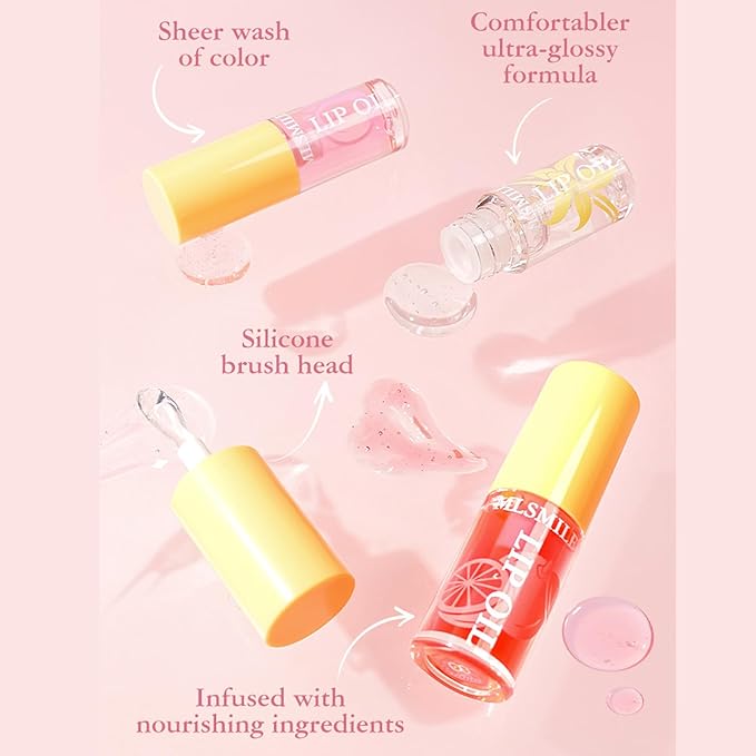 Hydrating Lip Oil, 4Pcs Plumping Lip Glow Oil Set, Fruit Extract Lip Oil Set Tinted for Dry Lip, Shiny and Moisturizing Transparent Lip Oil Gloss