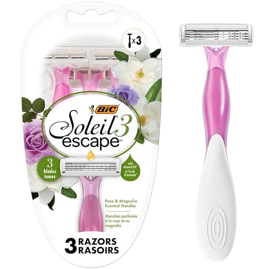 BIC Soleil Escape Women's Disposable Razors, 3 Blades for a Comfortable Shave, Pack of Rose and Magnolia Scented Handle Shaving Razors for Women, 3 Count