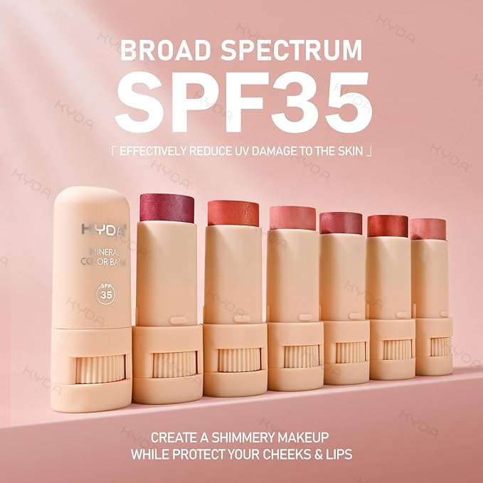KYDA Mineral Color Balm, Buildable Shimmer Color for Lips and Cheeks, Broad spectrum SPF 35, Natural Shimmer Finish, Lightweight Blendable Creamy, Multiuse Blush Stick, PINK