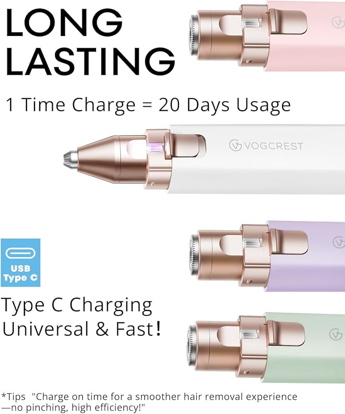 VOGCREST Hair Trimmer, 2 in 1 Facial Hair Remover & Eyebrow Trimmer for Women - Rechargeable, Portable, LED Light (White)