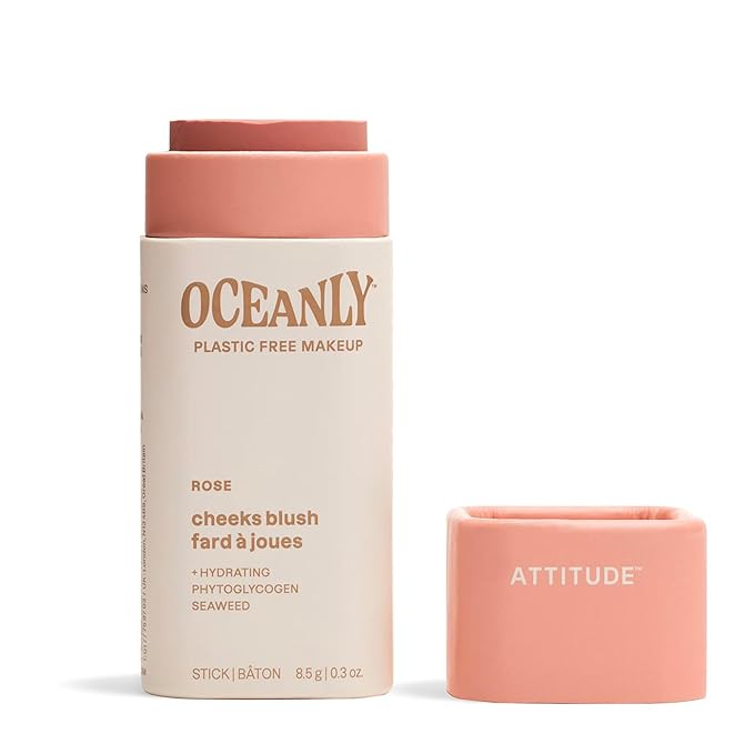 ATTITUDE Oceanly Plastic-Free Lightweight Blush Stick, Titanium Dioxide-Free, EWG Verified, Vegan & Cruelty-free Makeup, Rose, 0.3 Ounces