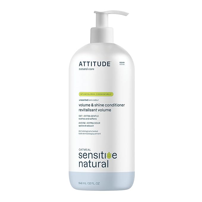 ATTITUDE Hair Conditioner for Sensitive Dry Scalp, Soothing Oat, Naturally Derived Ingredients, Dermatologically Tested, Vegan Detangler, Extra Gentle, Unscented, 32 Fl Oz