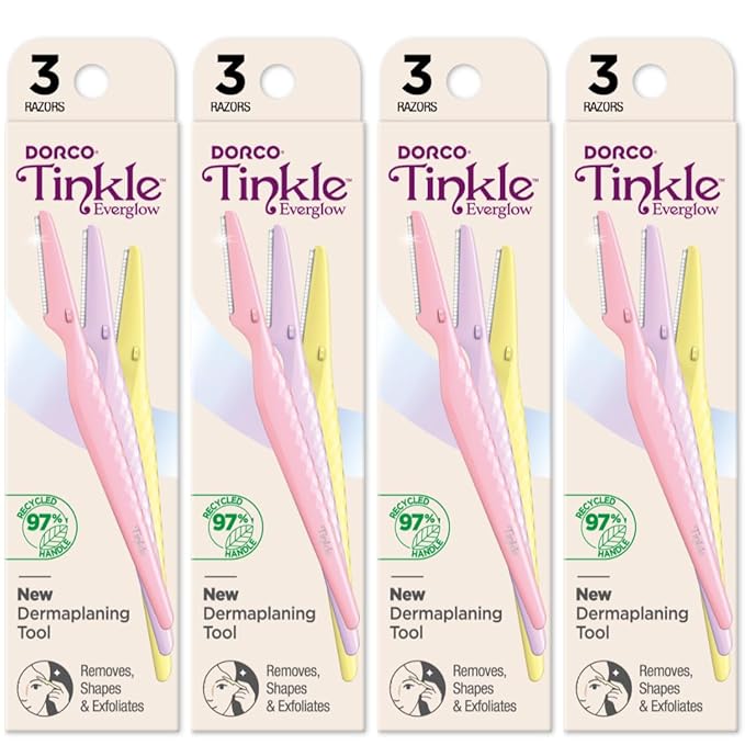 Dorco Tinkle Everglow, 12 Razors (4 Packs of 3), Eco-Friendly Dermaplaning Tool, Multipurpose Eyebrow Razor & Face Shaver