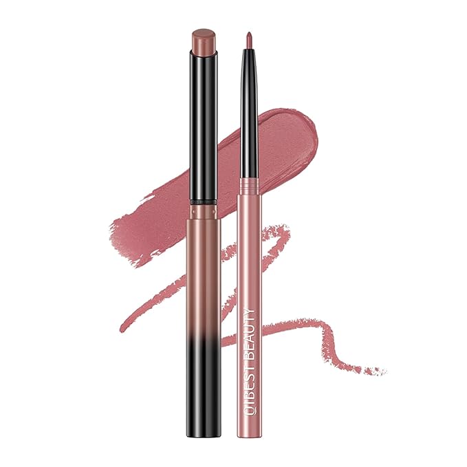 QiBest Nude Rose Pink Cream Lipstick with Lip Liner Makeup Set for Women, Soft Matte Lip Stick Silk Finish with LipLiner Pencil 24 Hours Original Waterproof Labials, Velvety & Non-Drying Formula