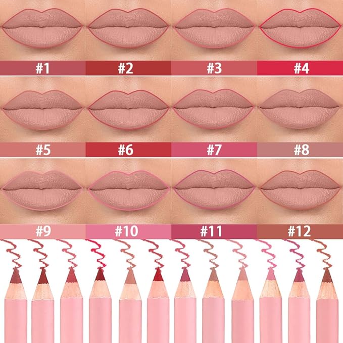 12 Pcs Natural Nude Brown Beige Colors Lip Liner Lipstick Pencils Set for Daily Makeup,Easy to Apply & Remove,Waterproof