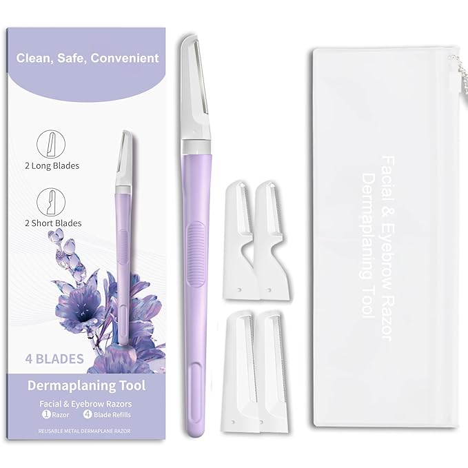 Face Razors for Women, Dermaplane Razor for Women Face, Eyebrow Razor, Facial Razors, Dermaplaning Tool, Reusable Metal Handle with 4 Microblades for Sensitive Skin, Peach Fuzz Remover, Purple