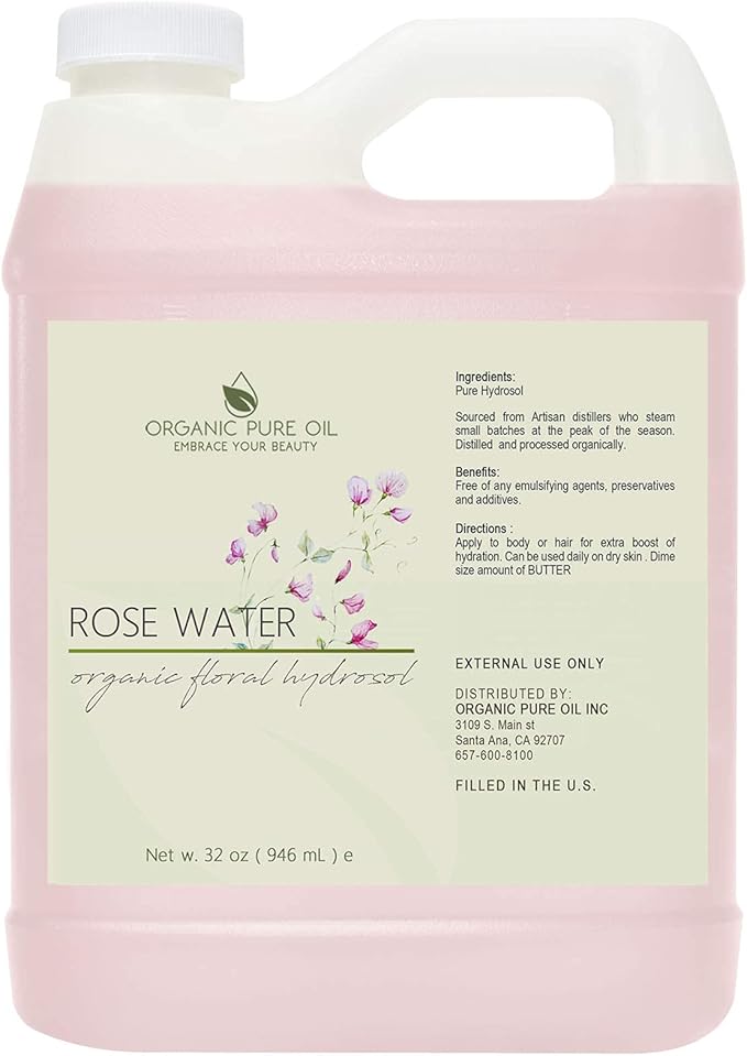 32 oz Rose Hydrosol Water β 100% Pure Rosewater Spray Mist Bulk β Hydrating Face Toner Rose Water for Skin and Hair Linen Spray for Sheets Room Freshener Body Spray Refill by Organic Pure Oil
