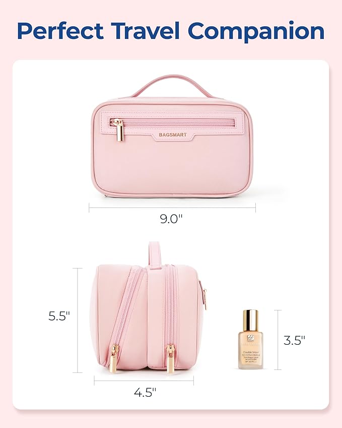 BAGSMART Travel Makeup Bag Large Capacity Cosmetic Bag, Wide-open Portable Make Up Bag Organizer for Women for Travel Essentials Toiletries Accessories Bottles, Brushes, Pink