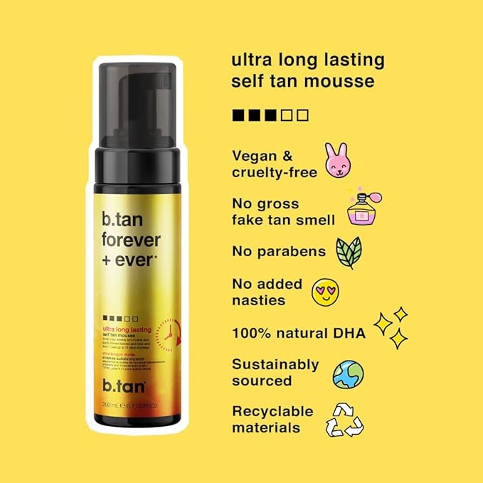 b.tan Ultra Long Lasting Self Tanner Mousse | Forever & Ever - Lasts Up to 11 Days, Fast, 1 Hour Express Sunless Tanning Foam, No Fake Tan Smell, Dark Bronze Glow, Vegan, Cruelty Free, 6.7 Fl Oz