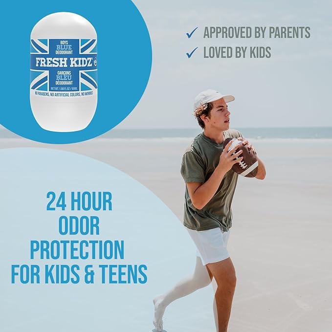 Fresh Kidz Roll On Deodorant for Kids and Teens - Baking Soda and Aluminum-free 24 Hour Protection for Sensitive Skin - Boys "Blue" 1.86 fl.oz. (2 Pack)