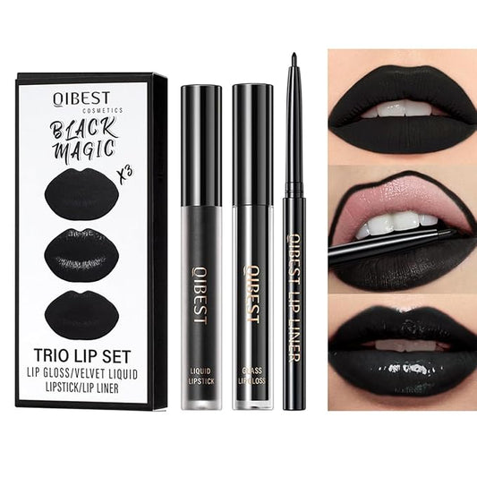3Pcs Black Matte Liquid Lipstick,Lip Liner,Lip Gloss Trio Lip Set Waterproof Long-Lasting Moisturizing Velvety Lip Stain One Step Lips Makeup Kits Goth Makeup