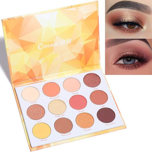 Glitter Matte Orange Yellow Eyeshadow Palette, 12 Colors Shimmer High Pigmented Eyeshadow Makeup Palette Lasting Waterproof Brown Eyeshadow Palette for Girl Women