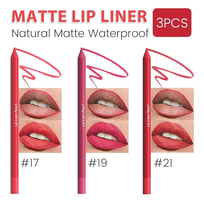 evpct 3Pcs Vermilion Rose Red Matte Long Lasting Wear Lip Liner Pencils Makeup Set for Shaping & Sculpting Lips, No Transfer Waterproof Pigmented Lip Liner Crayon lipliners Lipstick Pencil 17+19+21